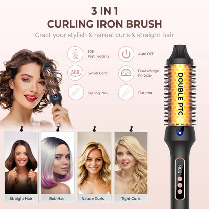 Heated Curling Iron Brush Thermal Brush 32Mm round Brush Ceramic Hair Curler Roller Volumizing Brush 400°F Styling Tools